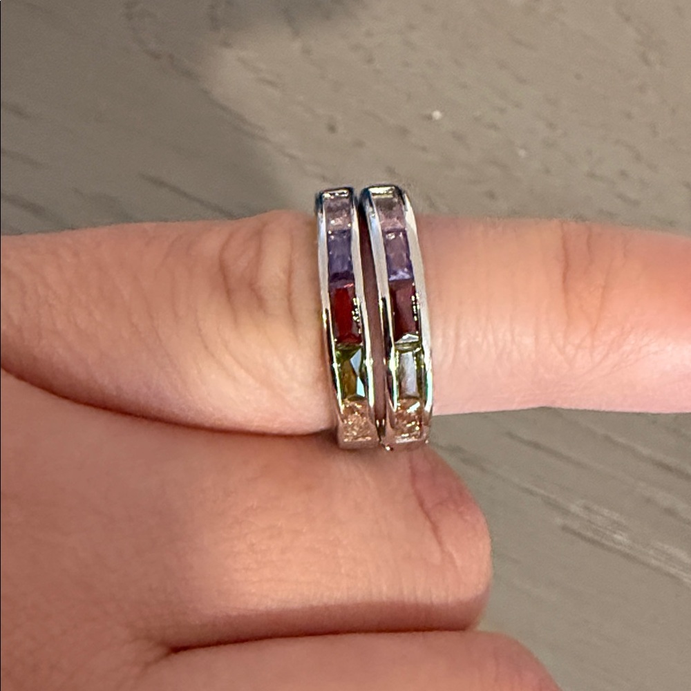 Small Silver Color with Multicolor Gemstones Huggie Earrings